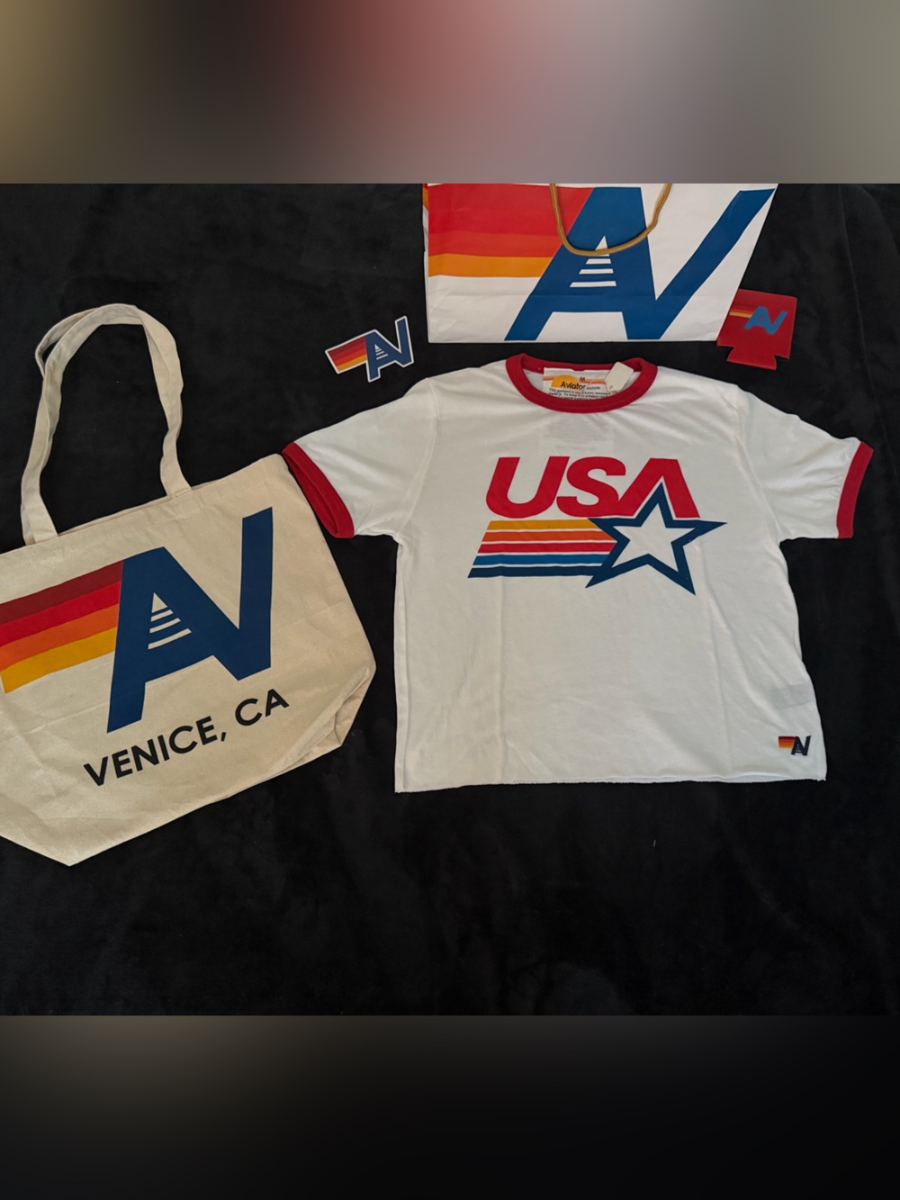 NWT Aviator Nation USA STAR Ringer Tee  - Medium + Tote bag